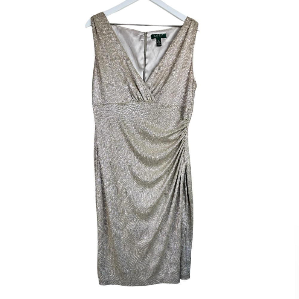 Lauren Ralph Lauren Sleeveless V-Neck Faux Wrap Midi Sheath Dress Gold Size 16